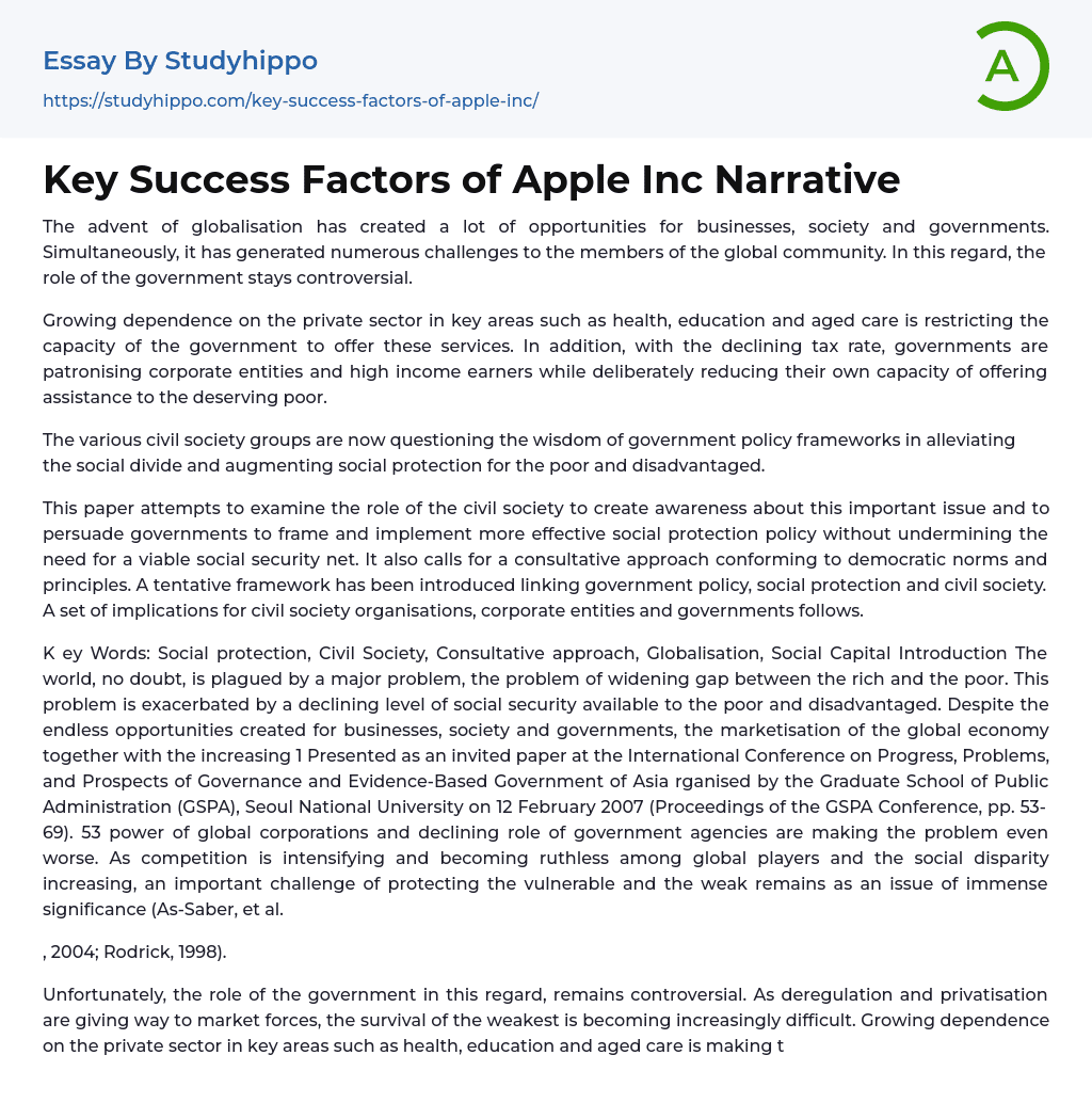 Key Success Factors of Apple Inc Narrative Essay Example
