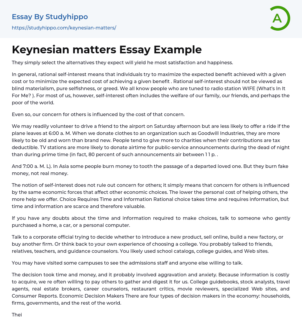 Keynesian matters Essay Example
