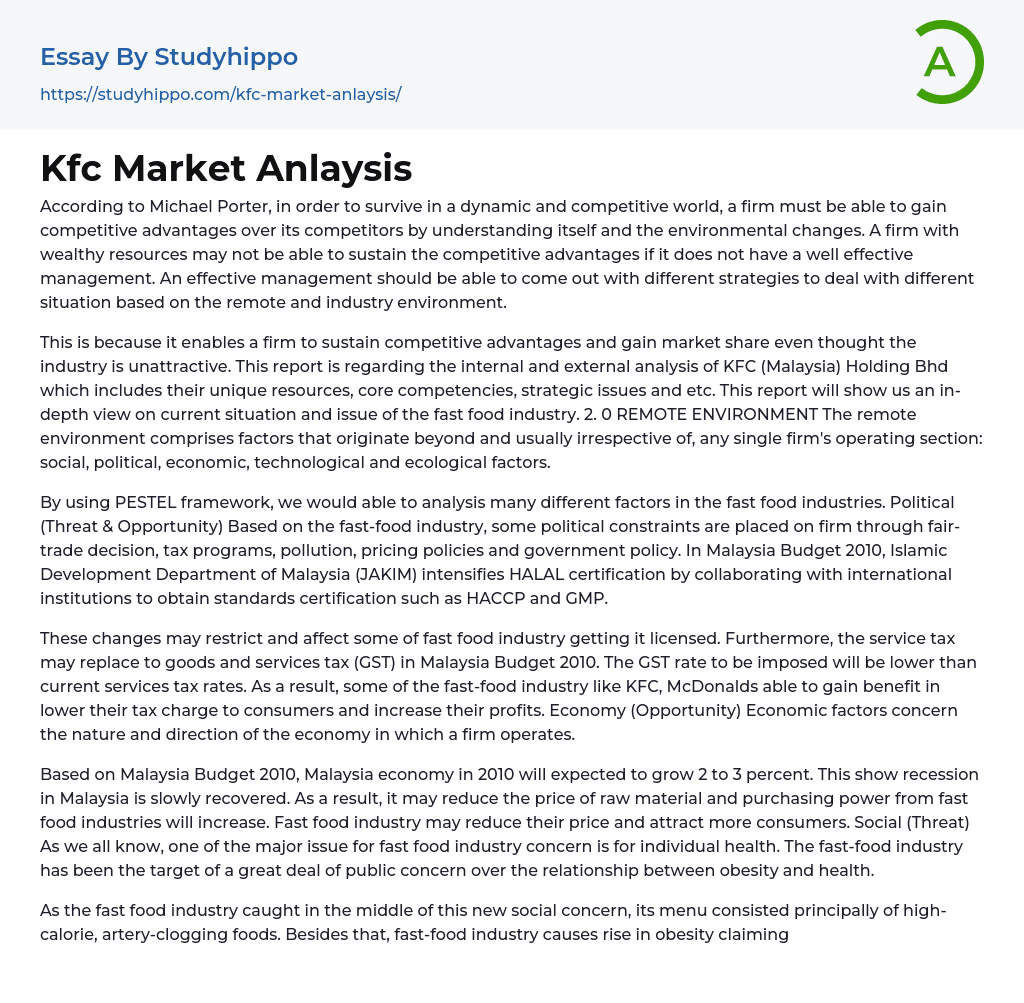 Kfc Market Anlaysis Essay Example