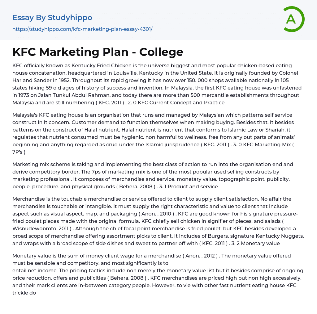 KFC Marketing Plan – College Essay Example