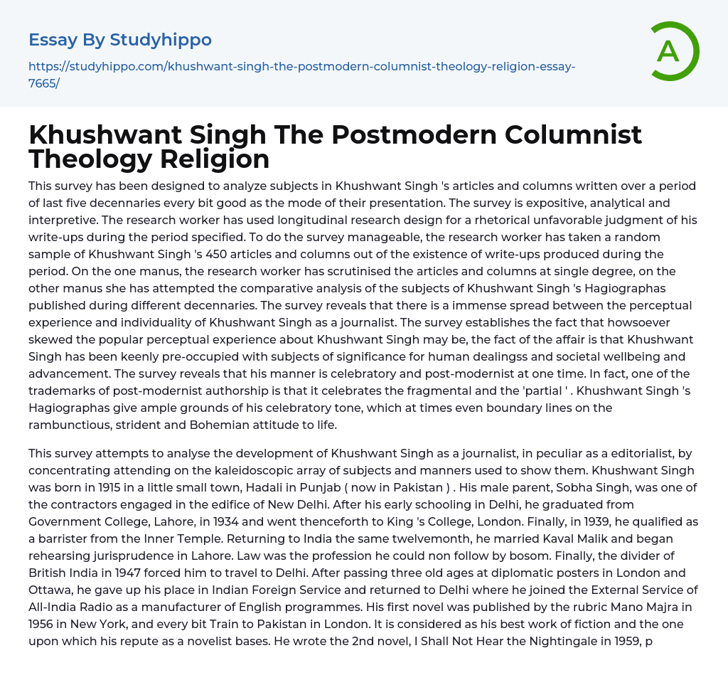 Khushwant Singh The Postmodern Columnist Theology Religion Essay Example