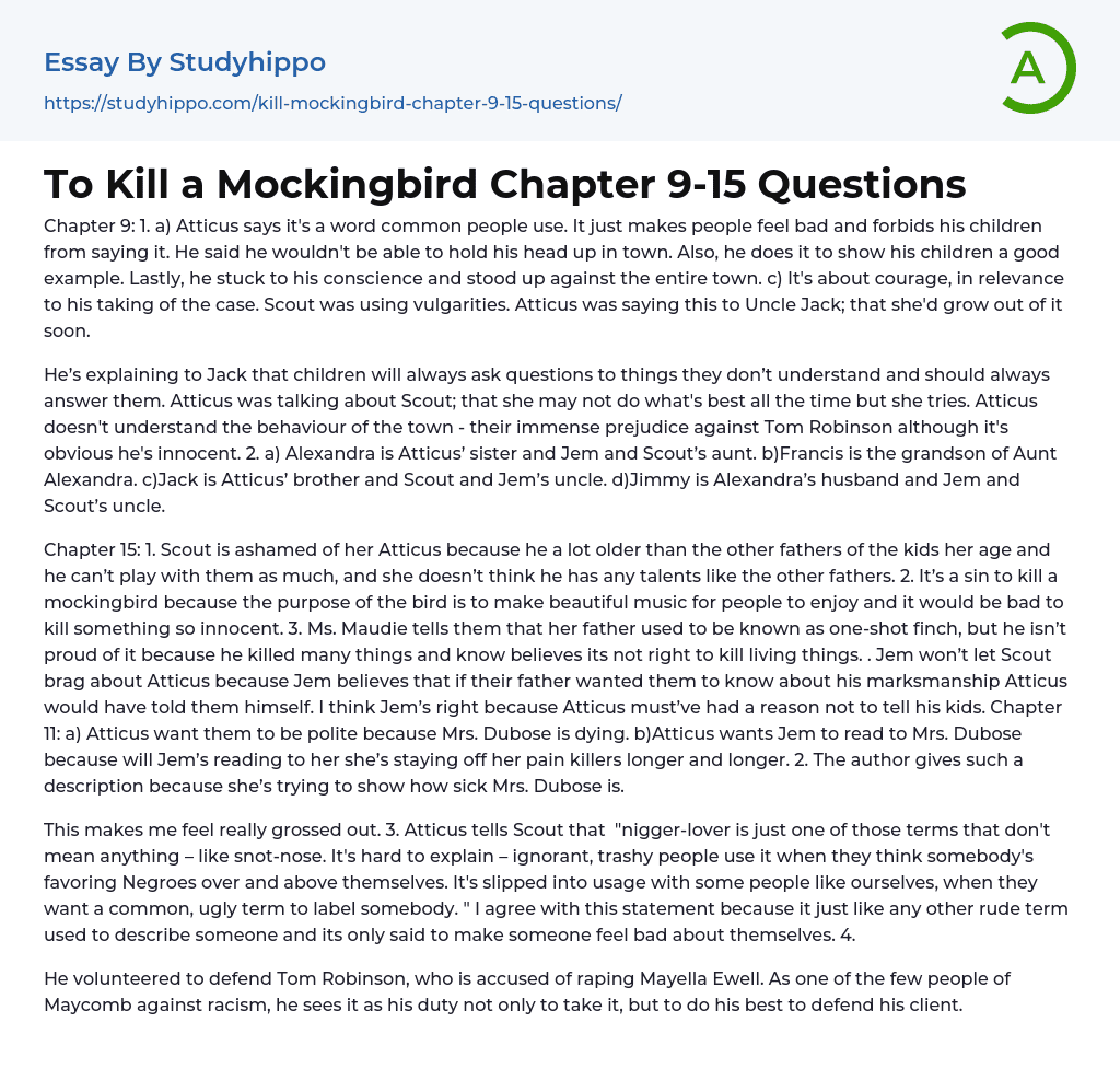 “To Kill a Mockingbird” Chapter 9-15 Essay Example