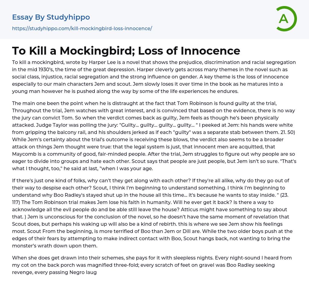To Kill a Mockingbird; Loss of Innocence Essay Example