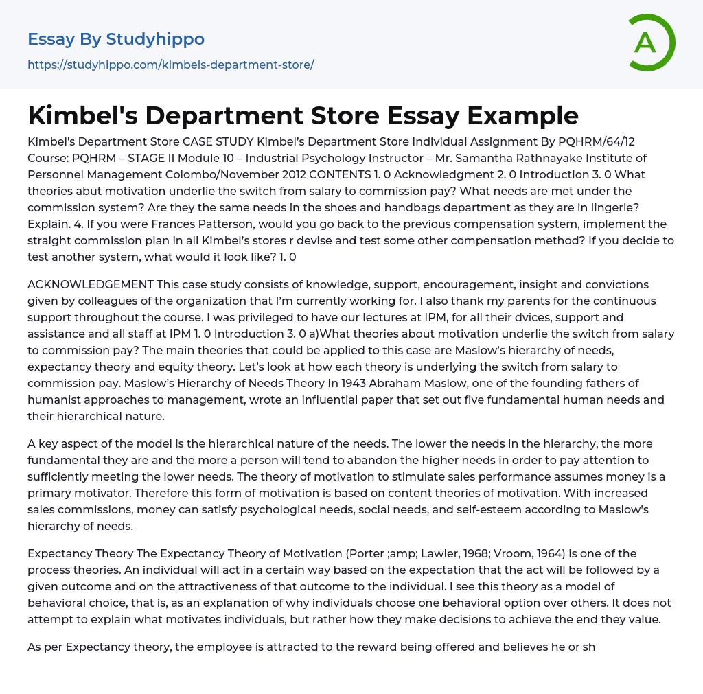 Kimbel’s Department Store Essay Example