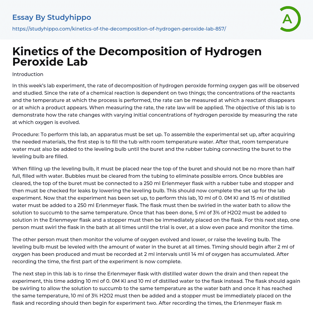 Kinetics of the Decomposition of Hydrogen Peroxide Lab Essay Example