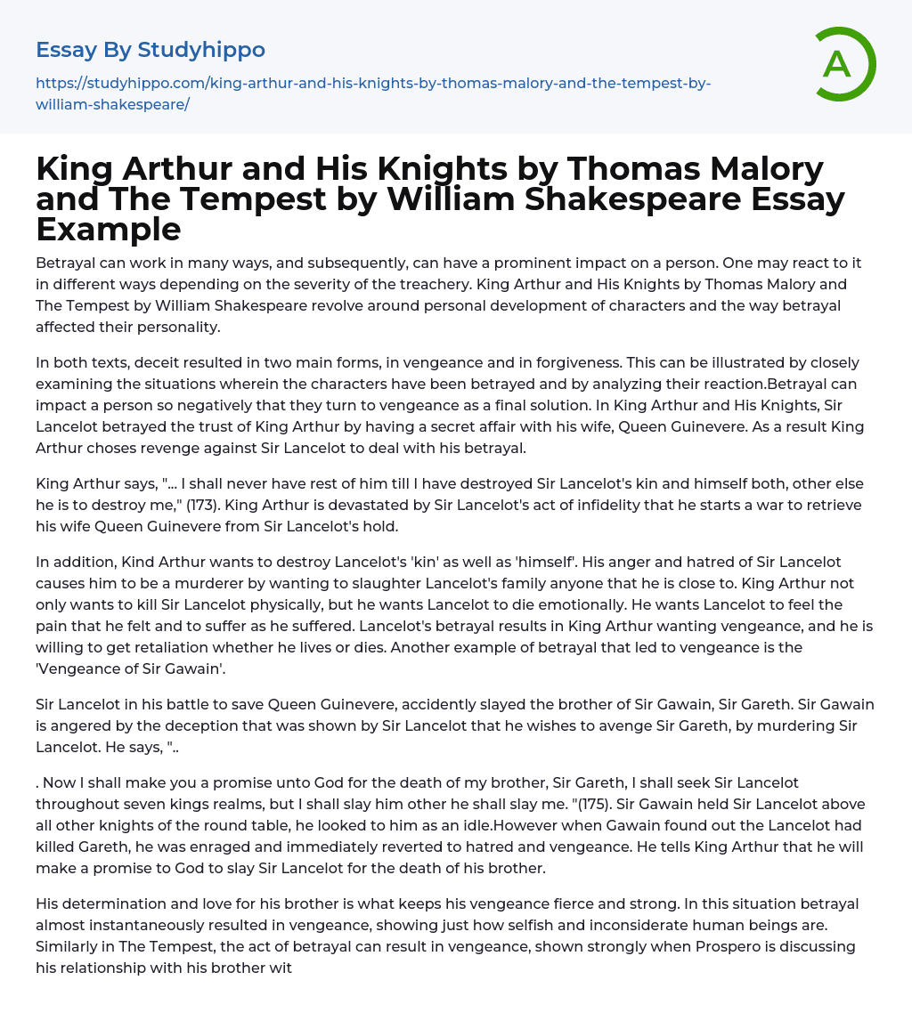 King Arthur and His Knights by Thomas Malory and The Tempest by William Shakespeare Essay Example