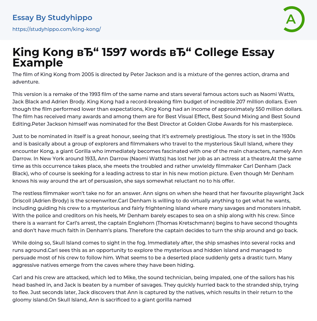 King Kong вЂ“ 1597 words вЂ“ College Essay Example