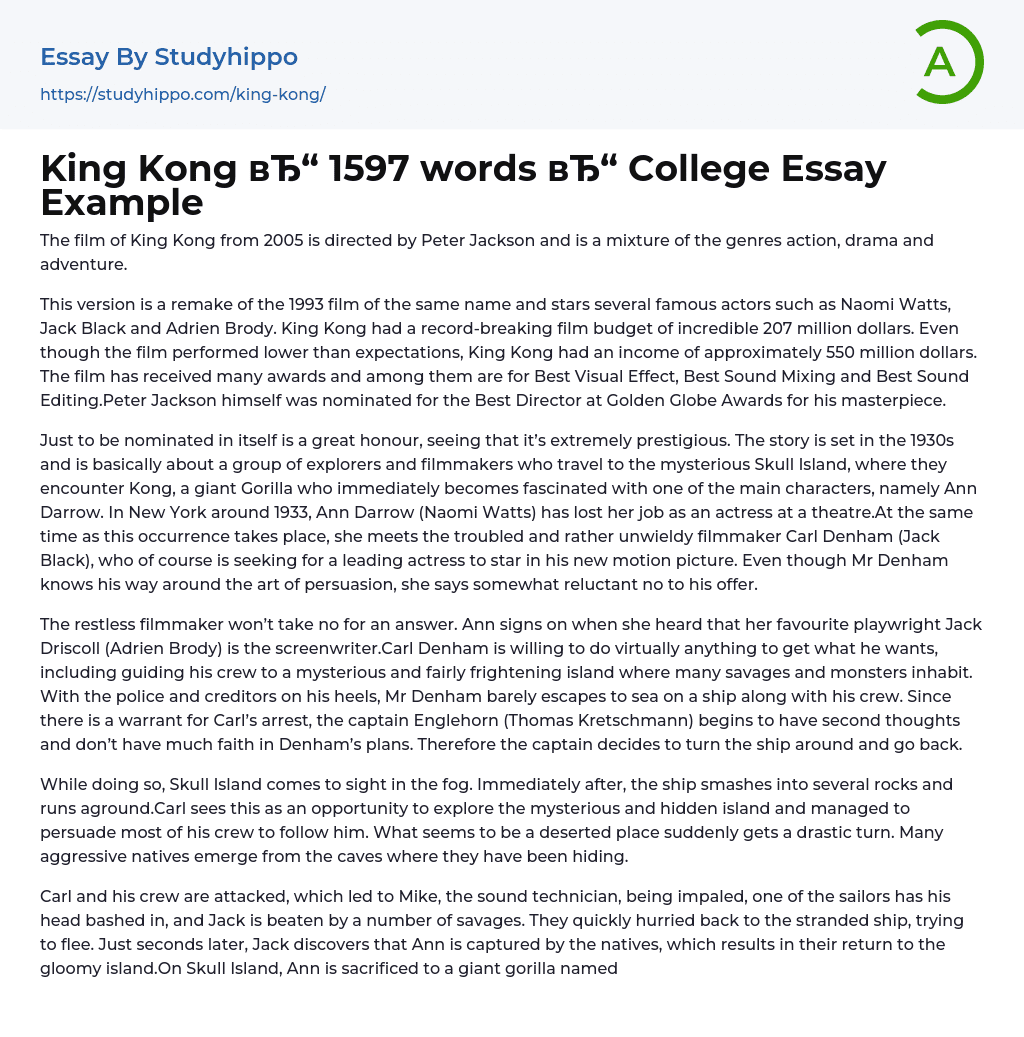 King Kong 1597 words College Essay Example