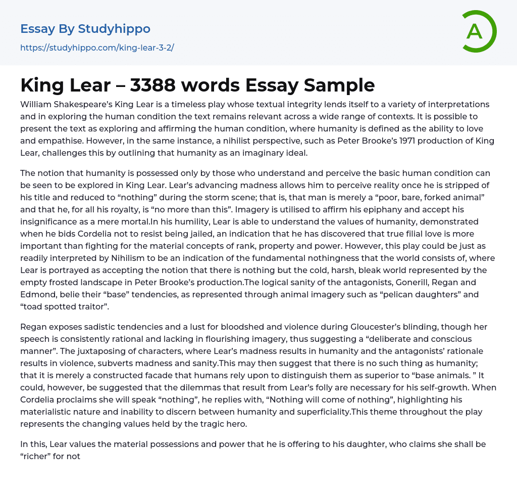 King Lear – 3388 words Essay Sample