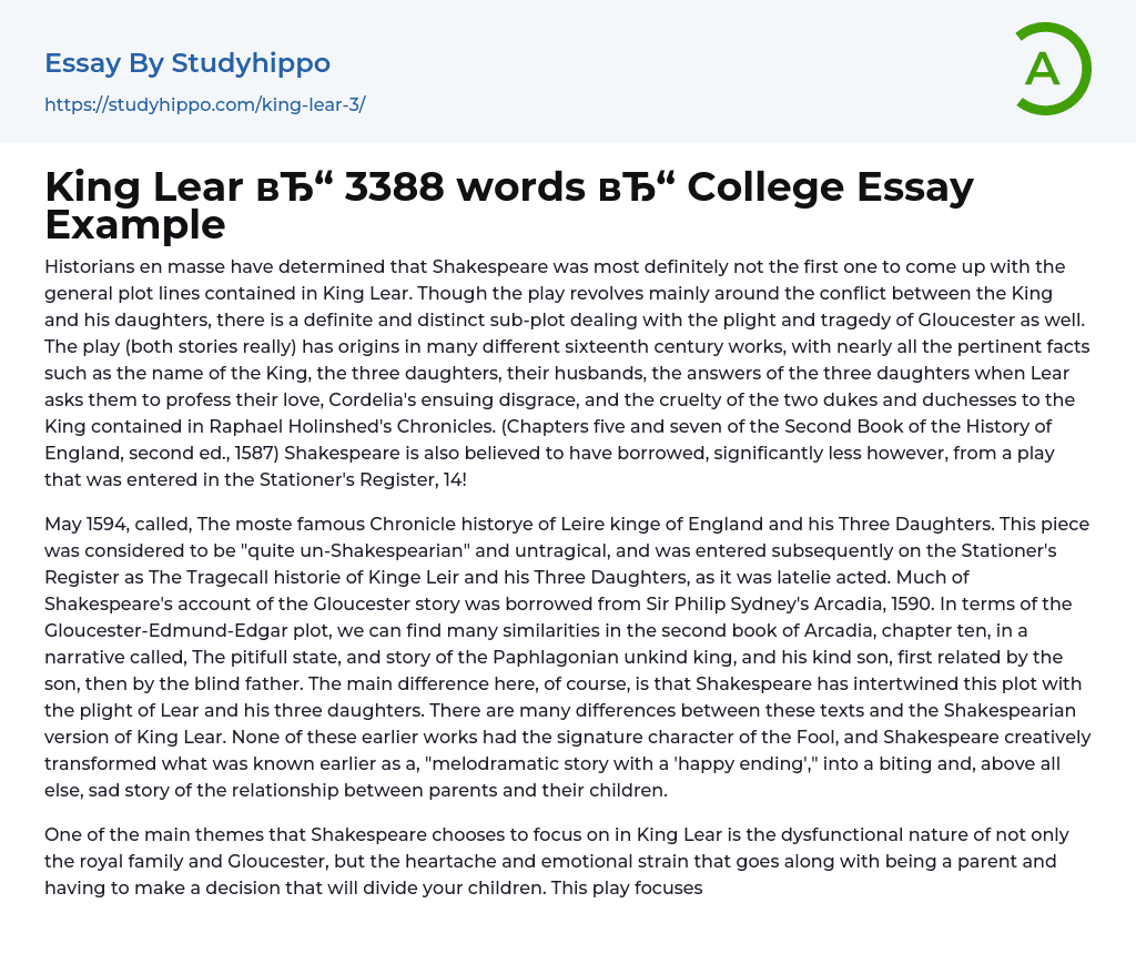 King Lear 3388 words College Essay Example