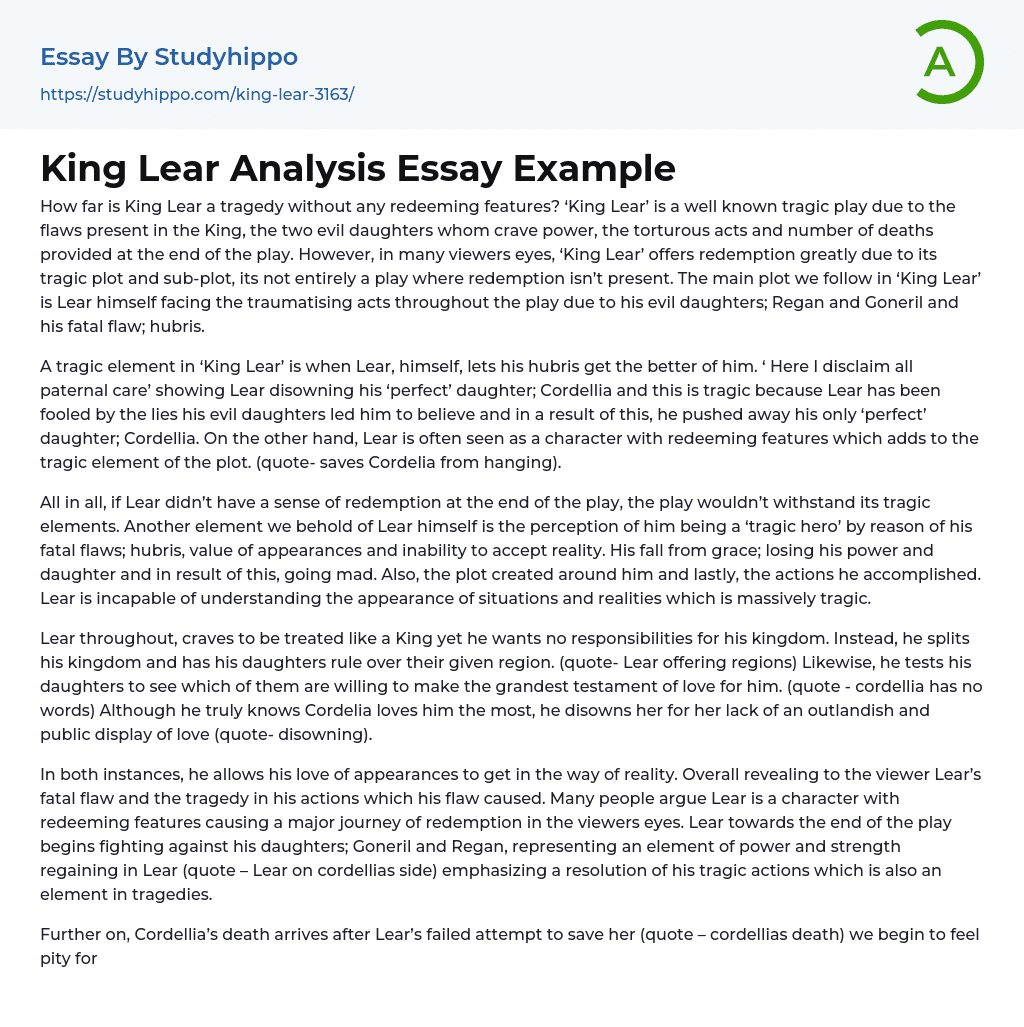 King Lear Analysis Essay Example