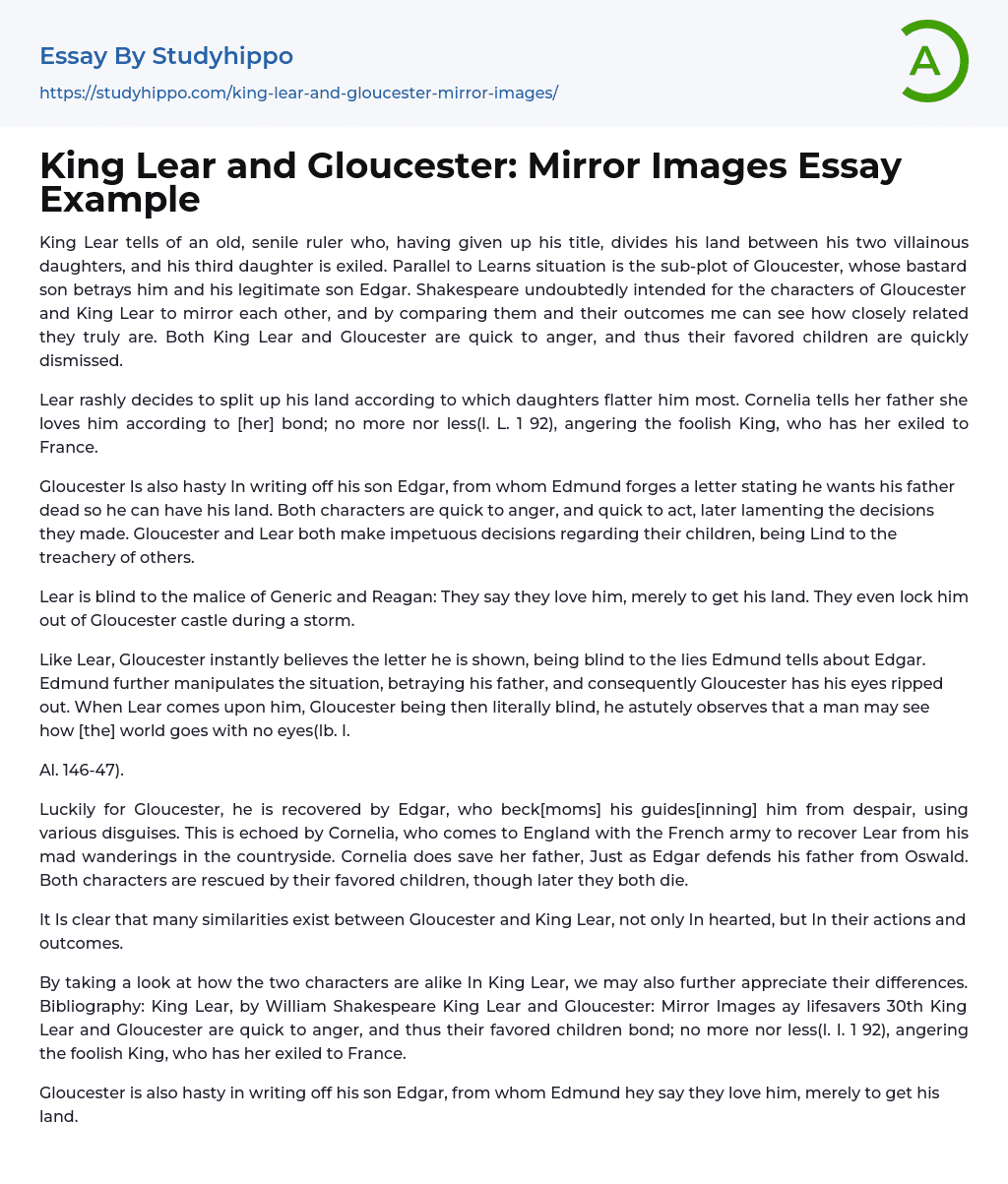 King Lear and Gloucester: Mirror Images Essay Example