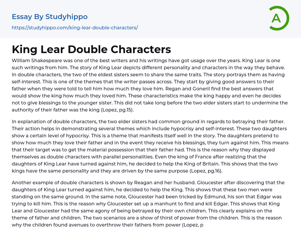 King Lear Double Characters Essay Example