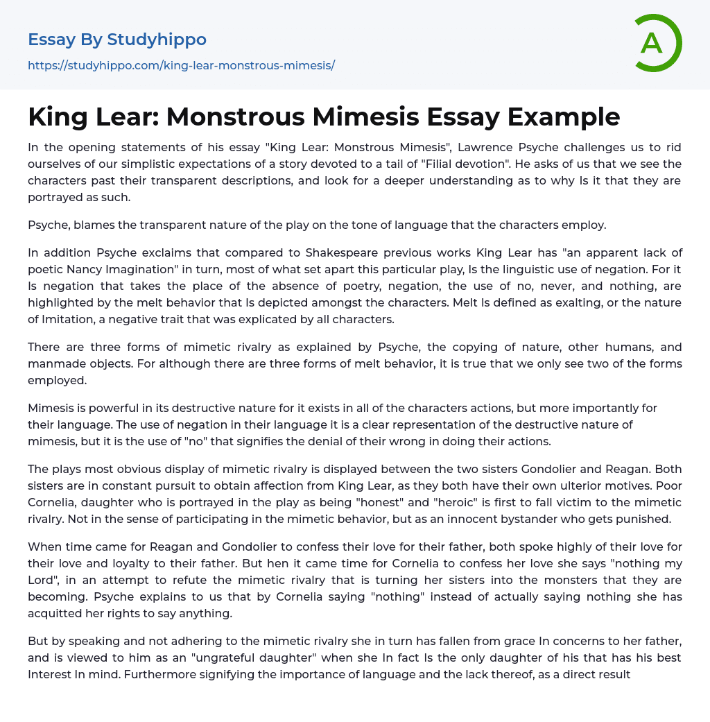 King Lear: Monstrous Mimesis Essay Example