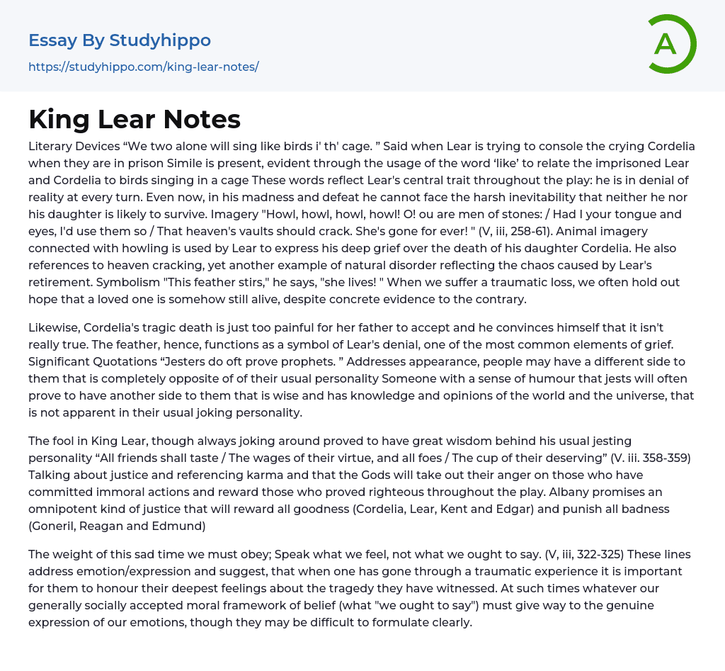 King Lear Notes Essay Example