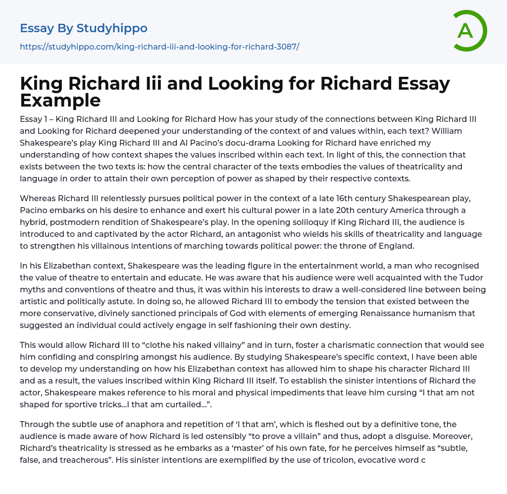 King Richard Iii and Looking for Richard Essay Example