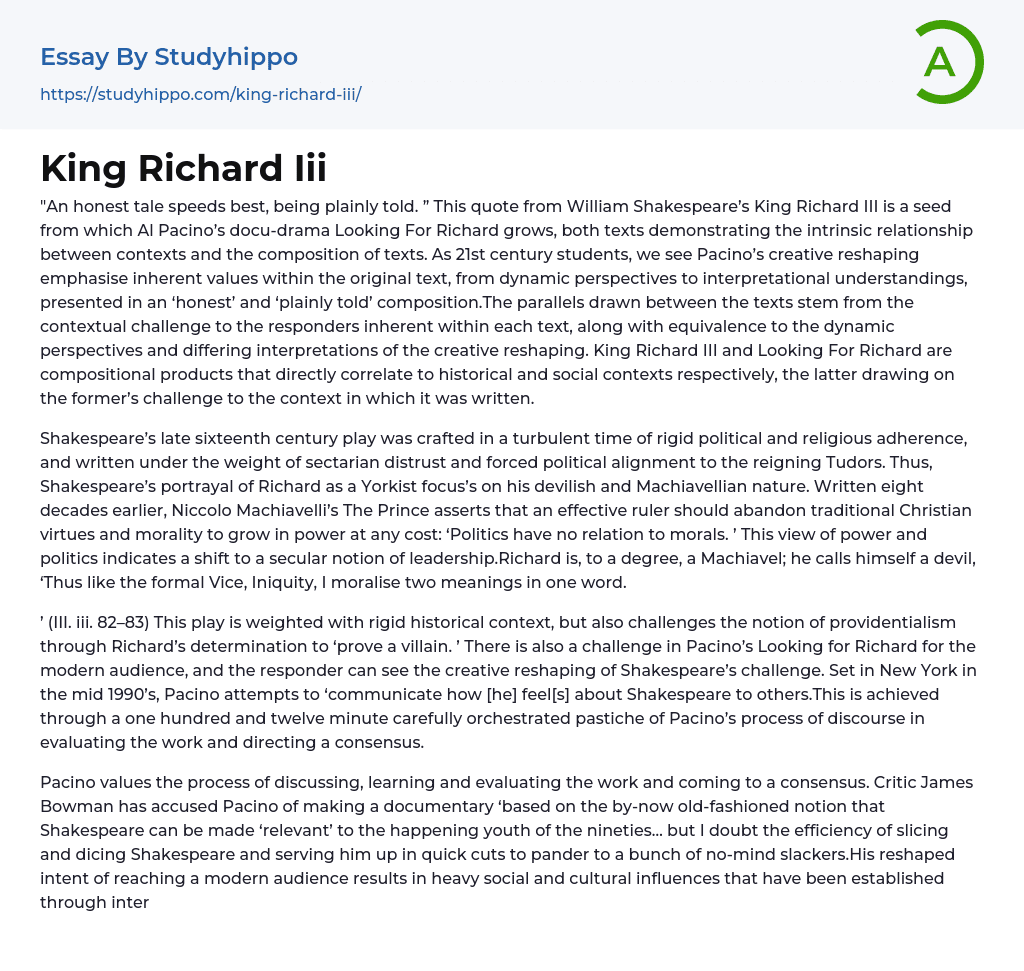 King Richard Iii Essay Example
