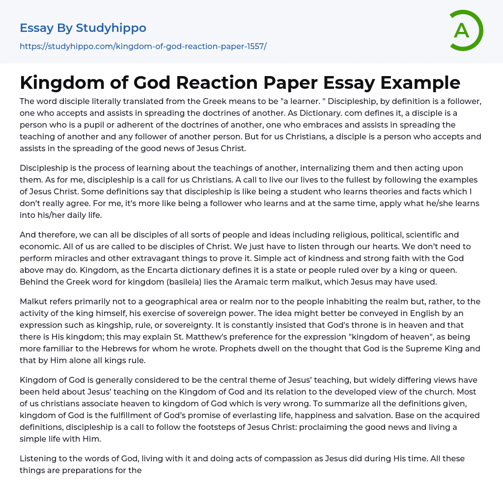 Kingdom of God Reaction Paper Essay Example