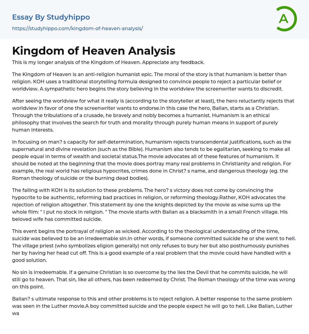 Kingdom of Heaven Analysis Essay Example