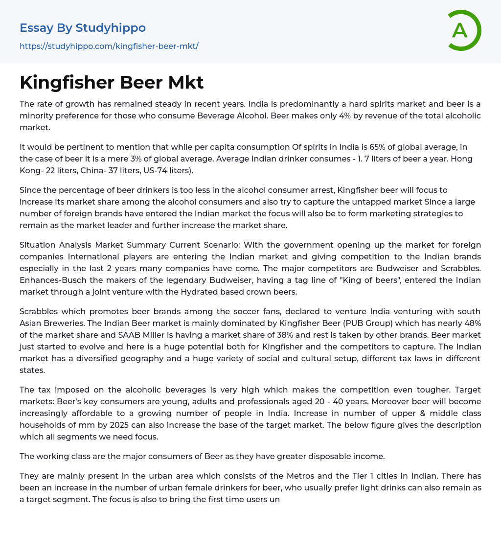 Kingfisher Beer Mkt Essay Example