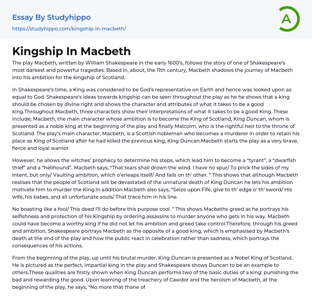 Kingship In Macbeth Essay Example