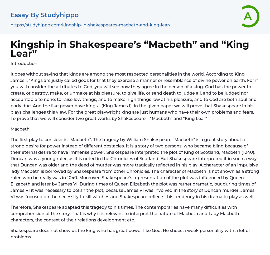 Kingship in Shakespeare’s “Macbeth” and “King Lear” Essay Example