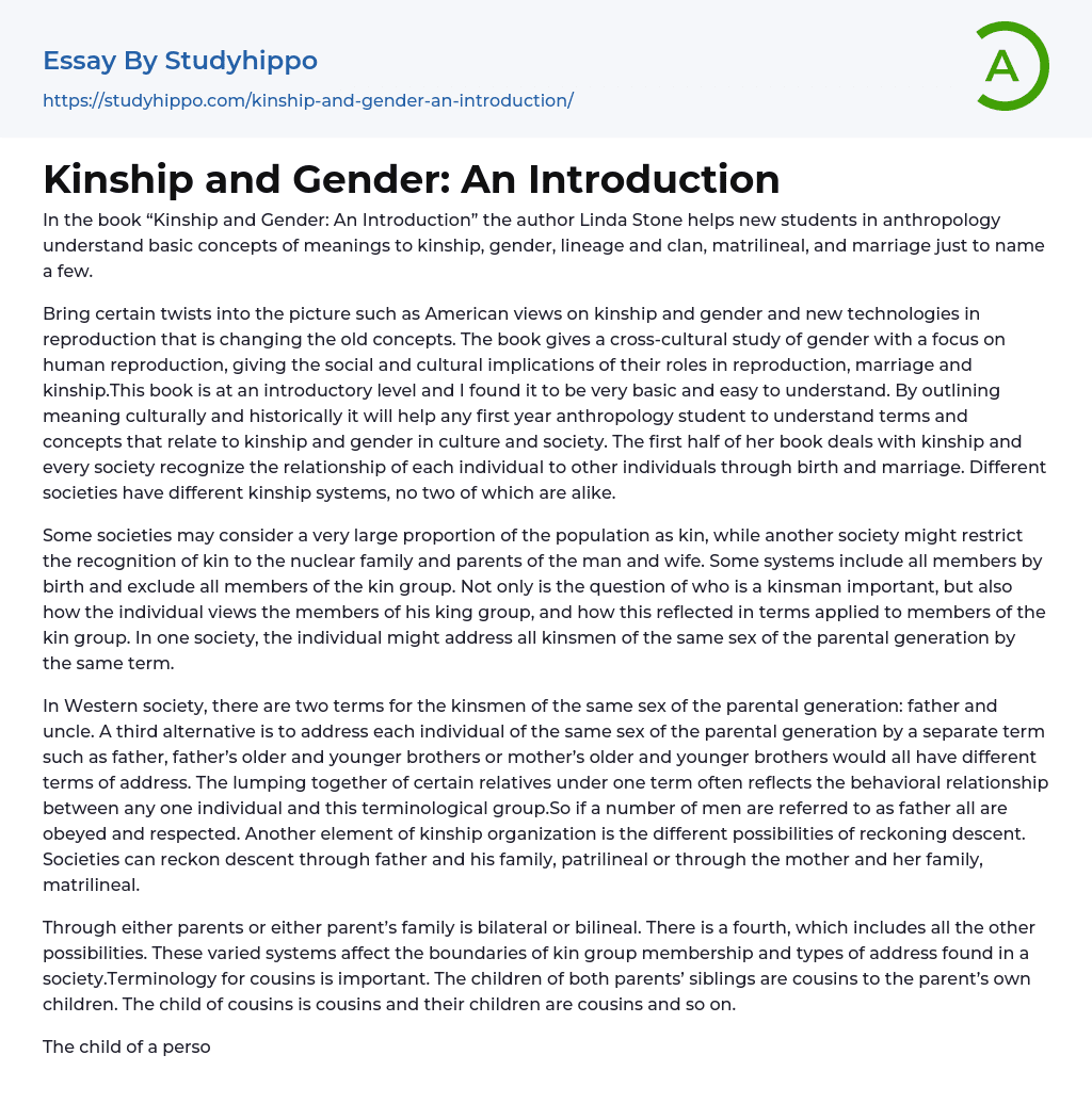 Kinship and Gender: An Introduction Essay Example