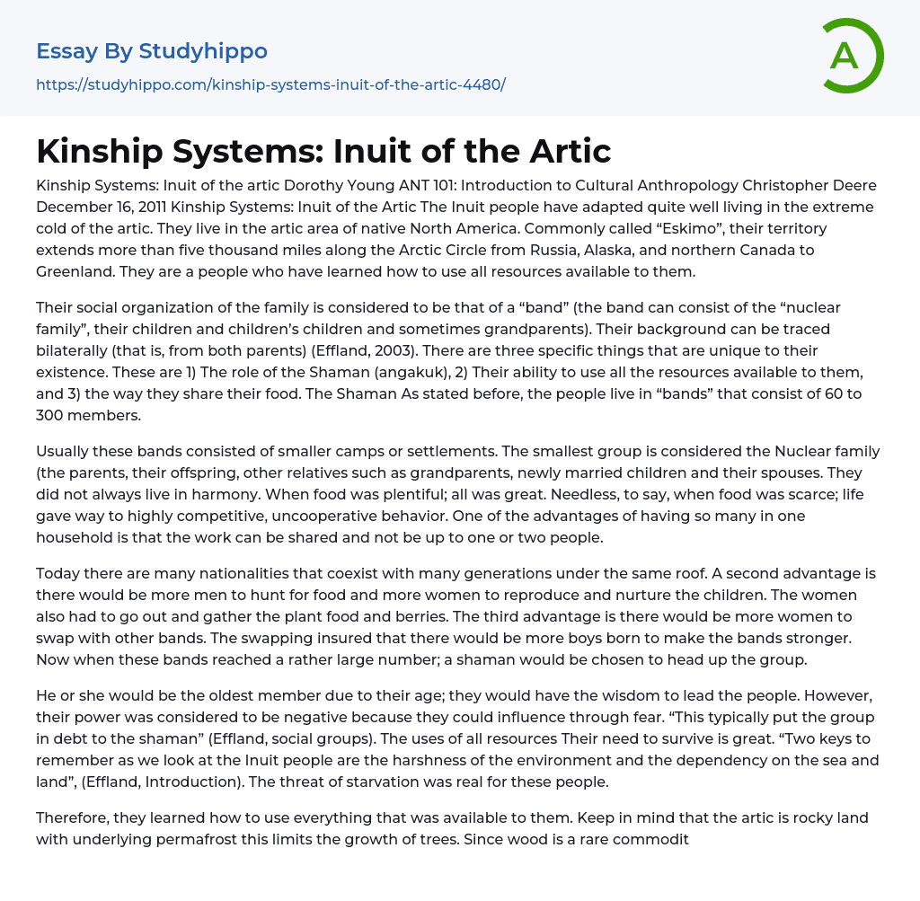 Kinship Systems: Inuit of the Artic Essay Example