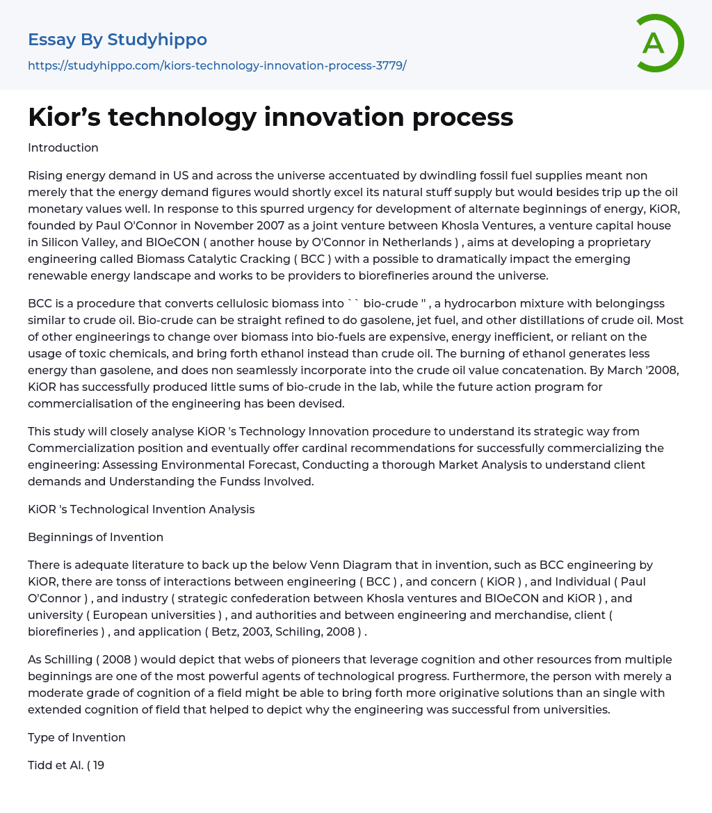 Kior’s technology innovation process Essay Example