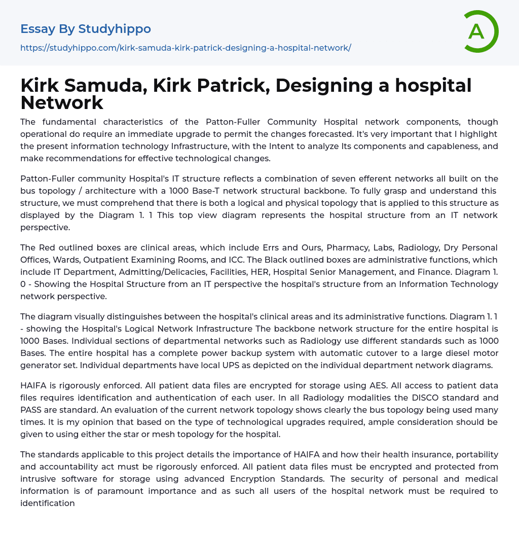 Kirk Samuda, Kirk Patrick, Designing a hospital Network Essay Example