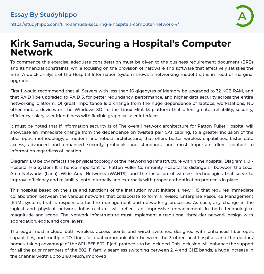 Kirk Samuda, Securing a Hospital’s Computer Network Essay Example