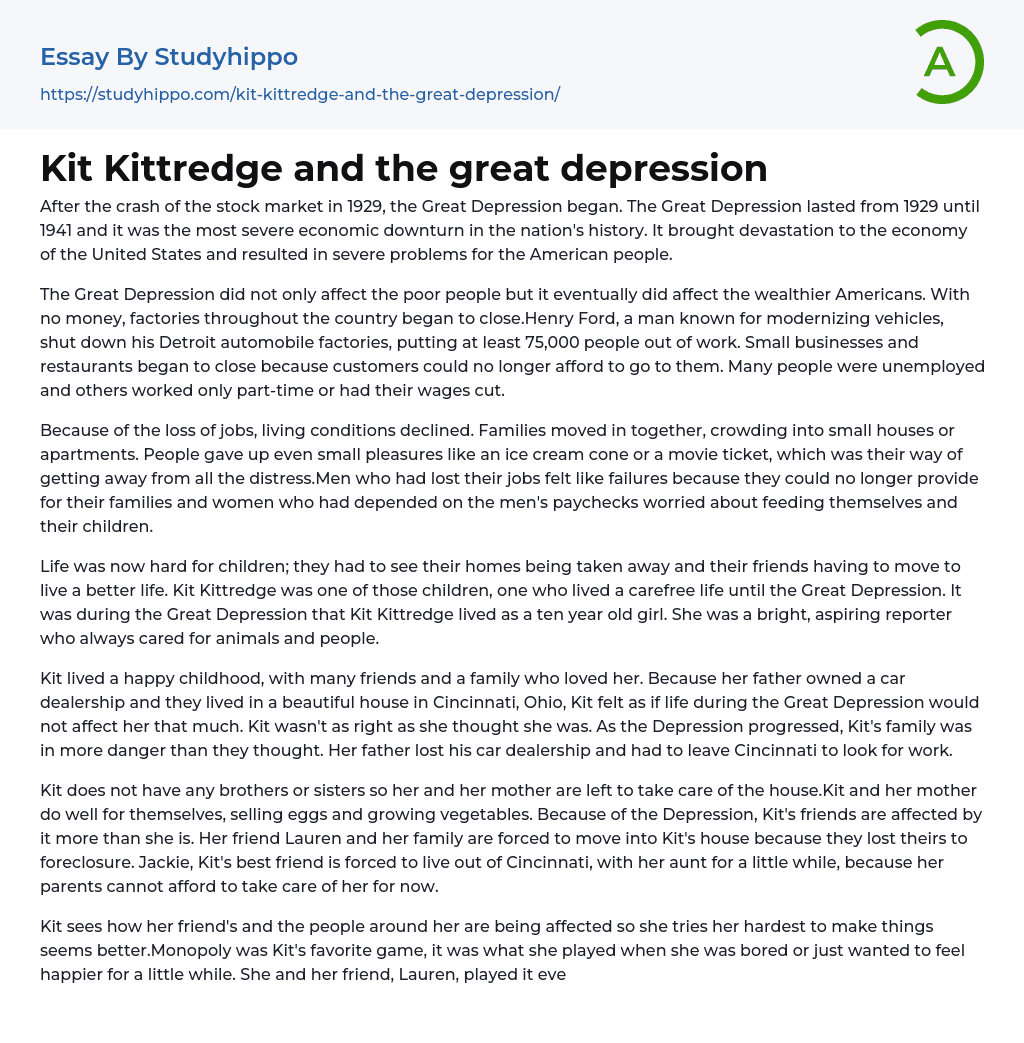 Kit Kittredge and the great depression Essay Example