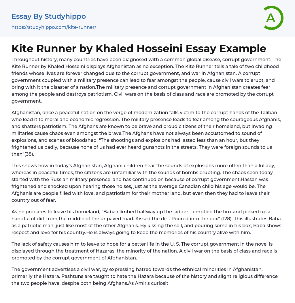 Kite Runner by Khaled Hosseini Essay Example