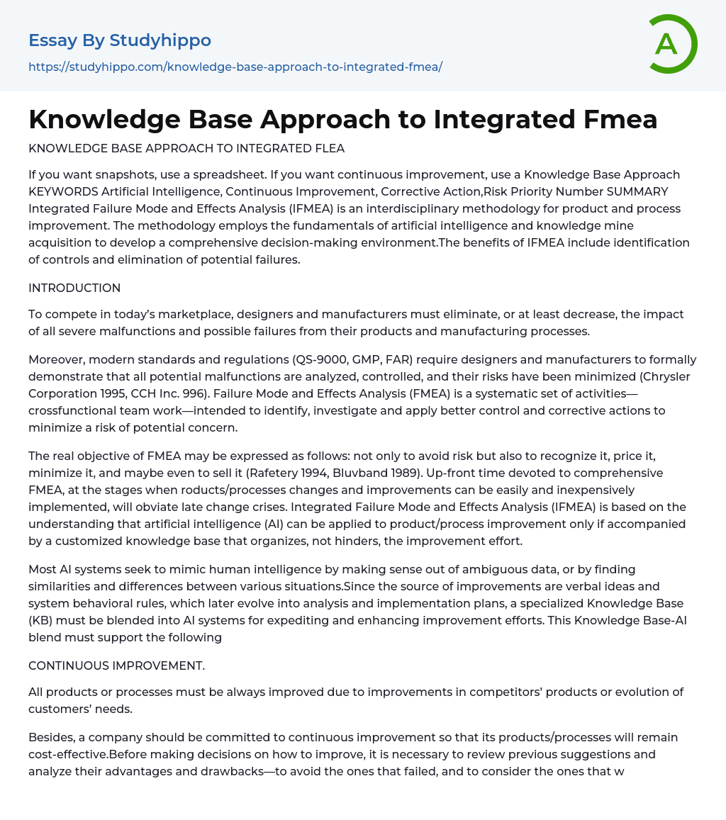 Knowledge Base Approach to Integrated Fmea Essay Example