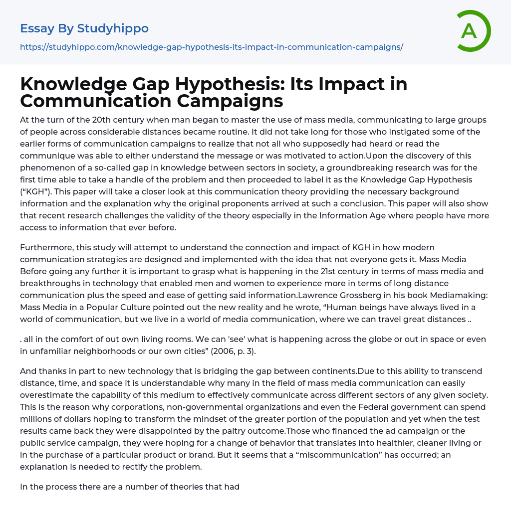 Knowledge Gap Hypothesis: Its Impact in Communication Campaigns Essay Example