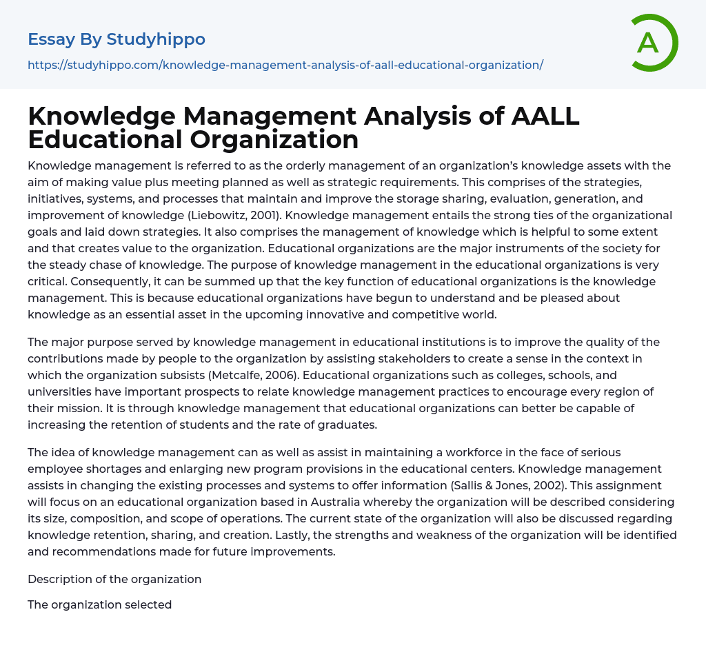 Knowledge Management Analysis of AALL Educational Organization Essay Example