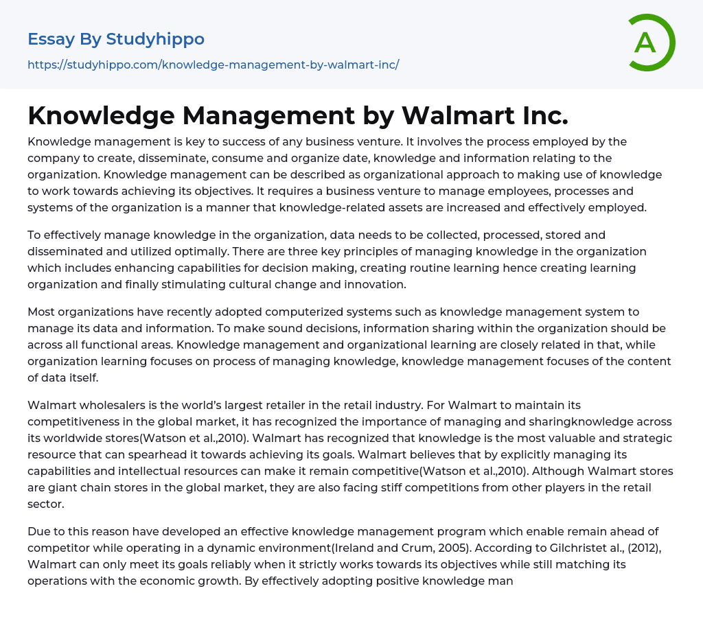 Knowledge Management by Walmart Inc. Essay Example