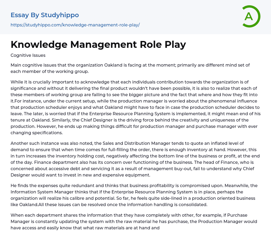 Knowledge Management Role Play Essay Example