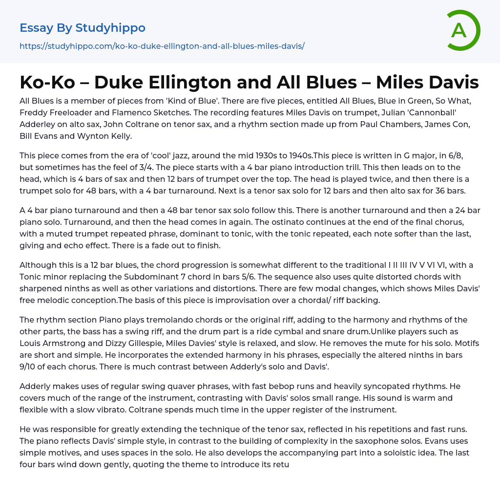 Ko-Ko – Duke Ellington and All Blues – Miles Davis Essay Example