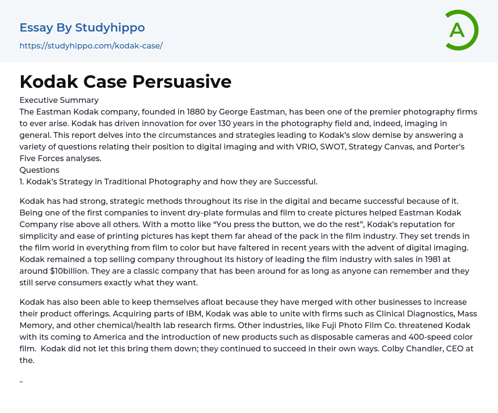 Kodak Case Persuasive Essay Example