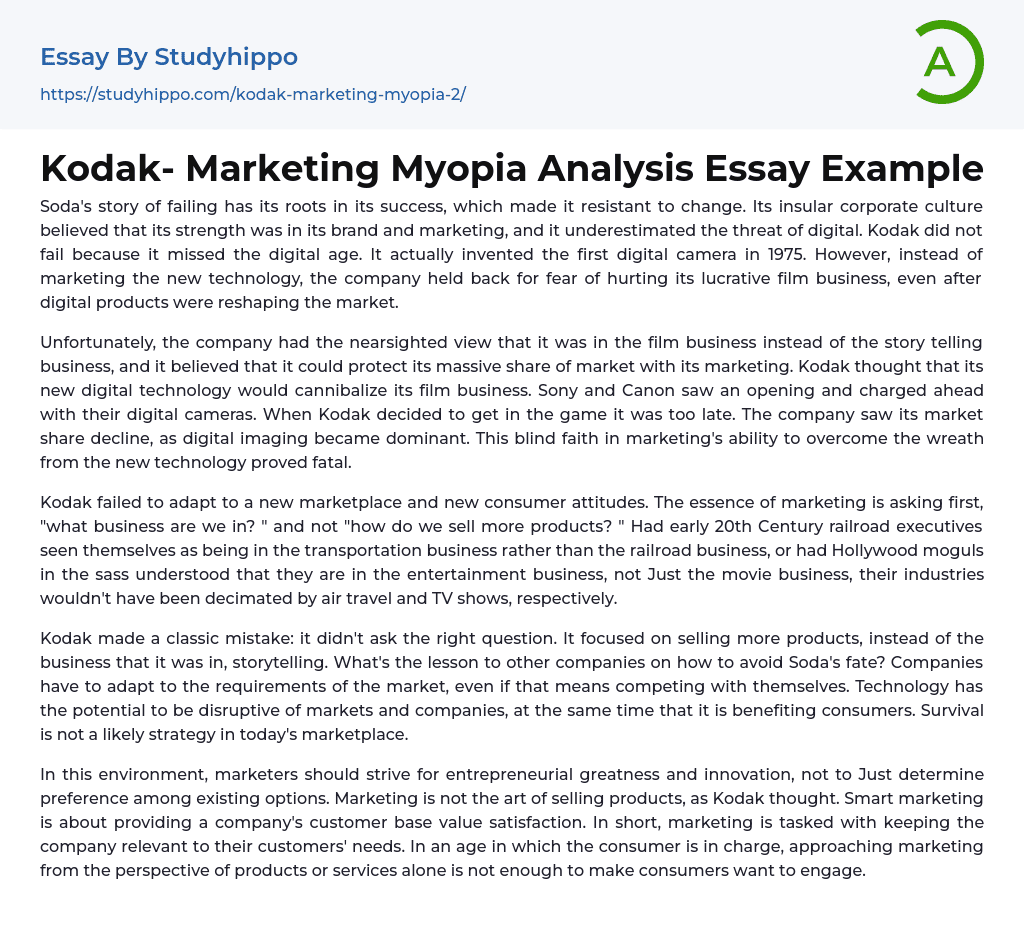 Kodak- Marketing Myopia Analysis Essay Example