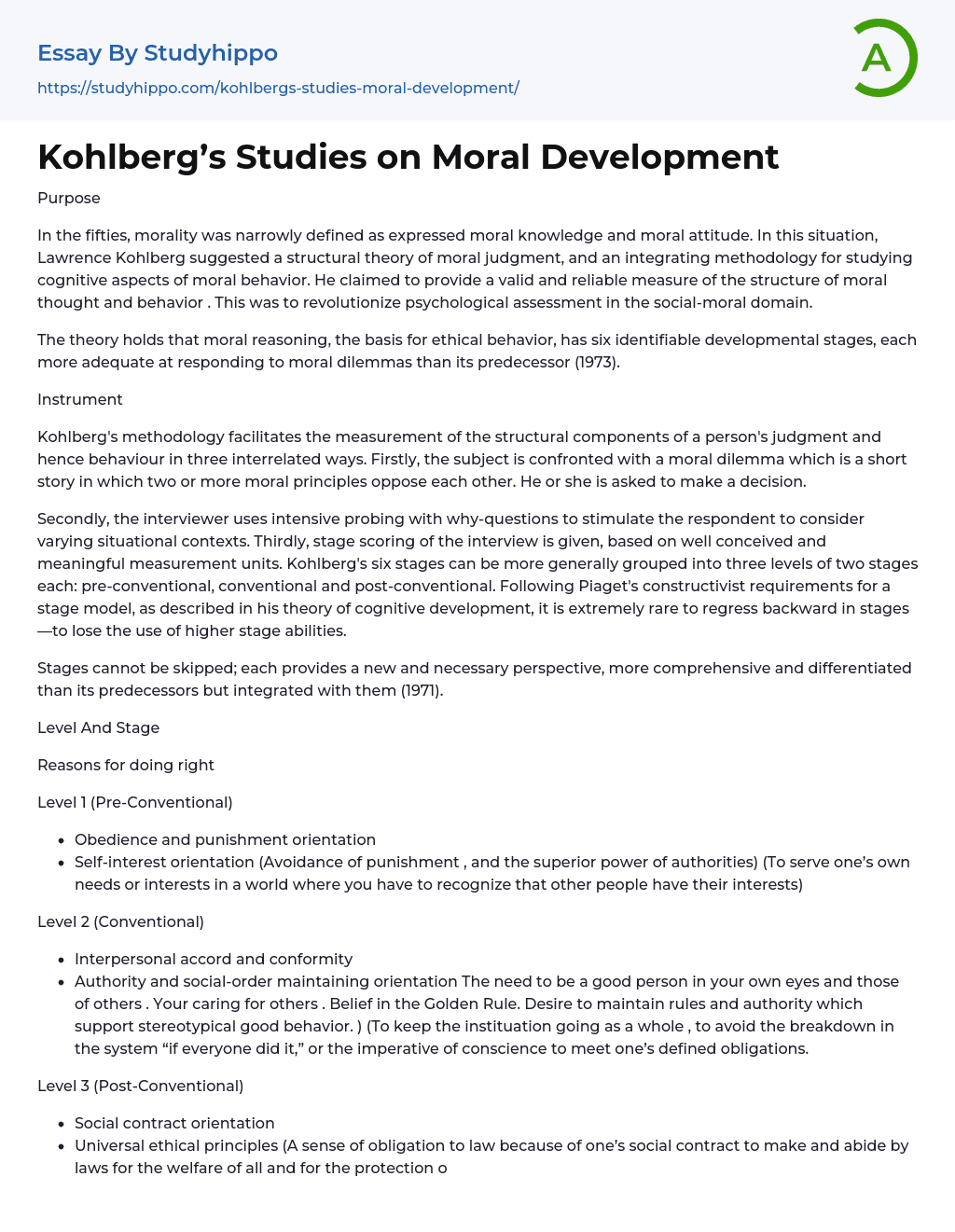 Kohlberg’s Studies on Moral Development Essay Example