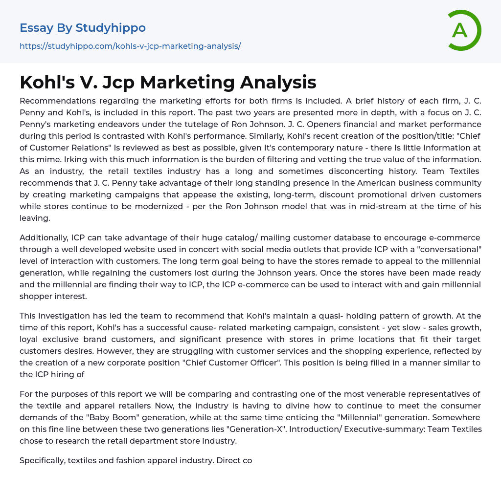 Kohl’s V. Jcp Marketing Analysis Essay Example