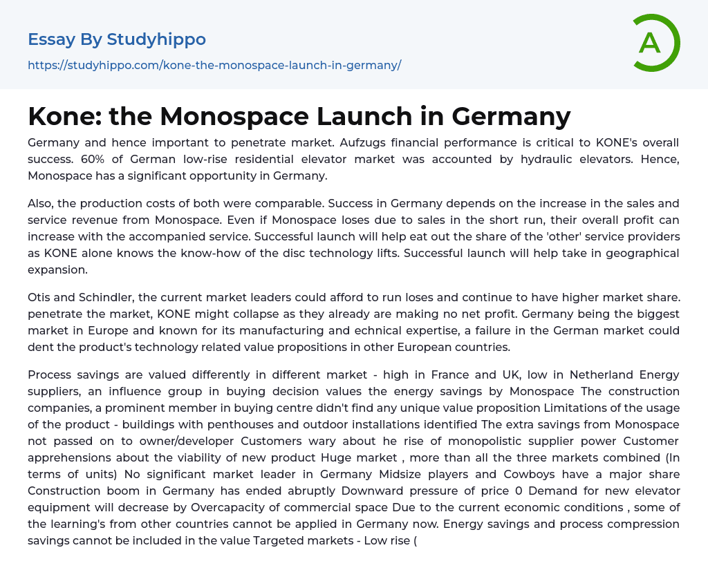 Kone: the Monospace Launch in Germany Essay Example