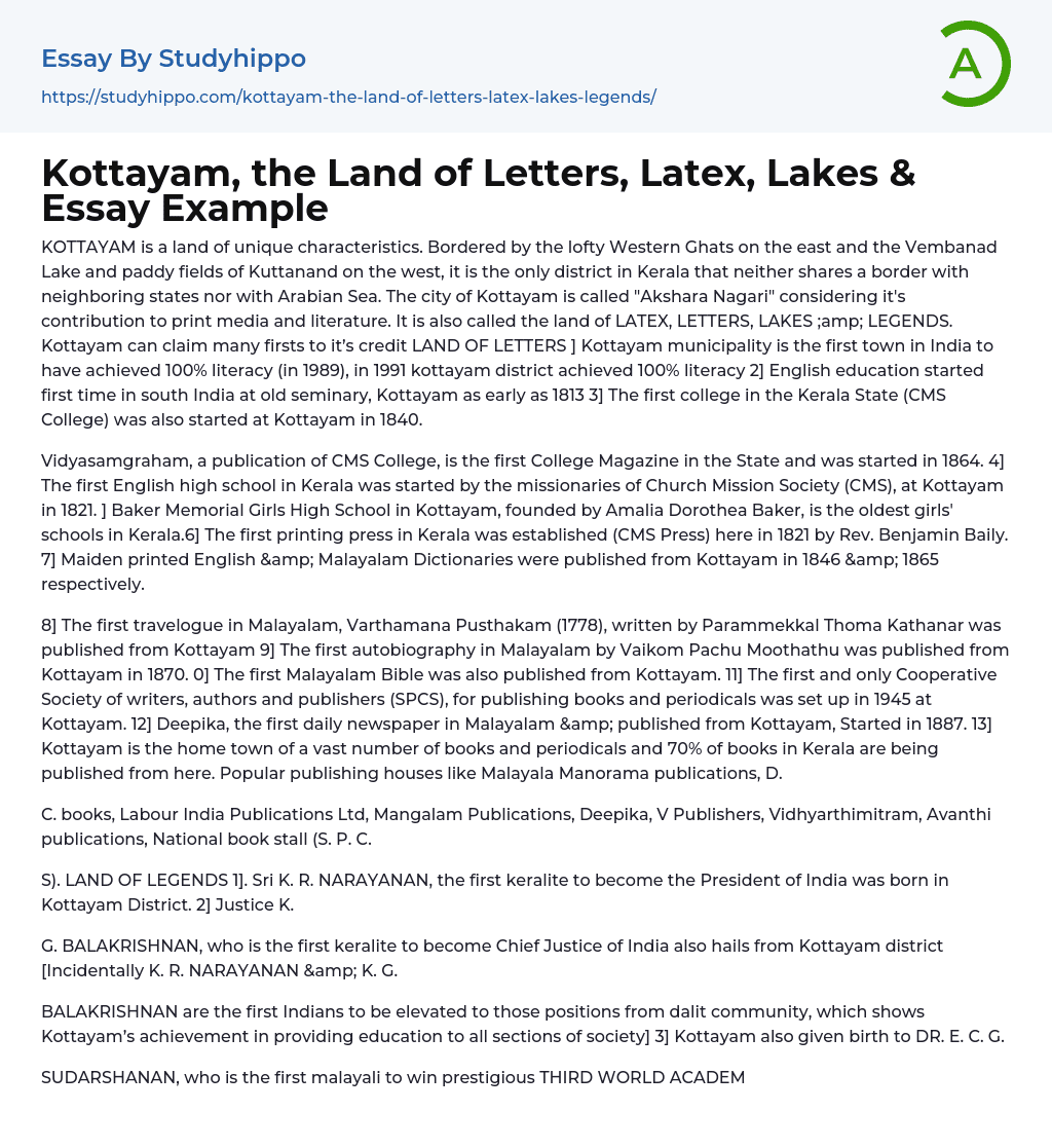 Kottayam Is a Land of Unique Characteristics Essay Example