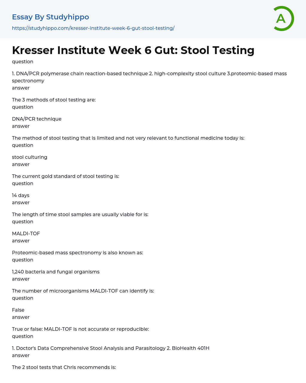 Kresser Institute Week 6 Gut: Stool Testing Essay Example