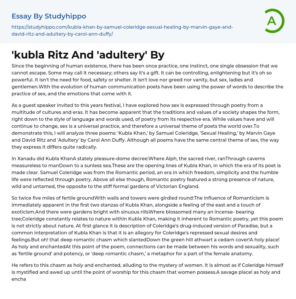 kubla Ritz And ‘adultery’ By Essay Example