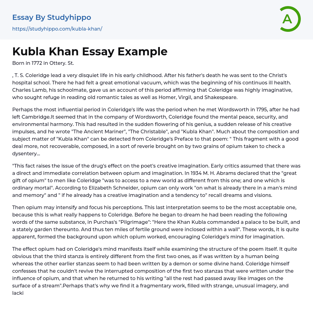 Kubla Khan Essay Example