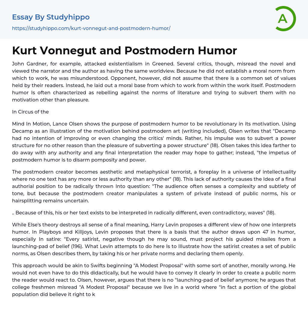 Kurt Vonnegut and Postmodern Humor Essay Example