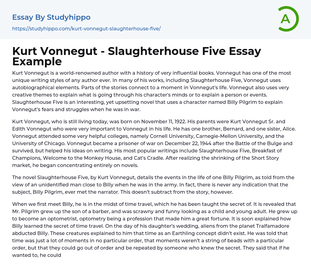 Kurt Vonnegut – Slaughterhouse Five Essay Example